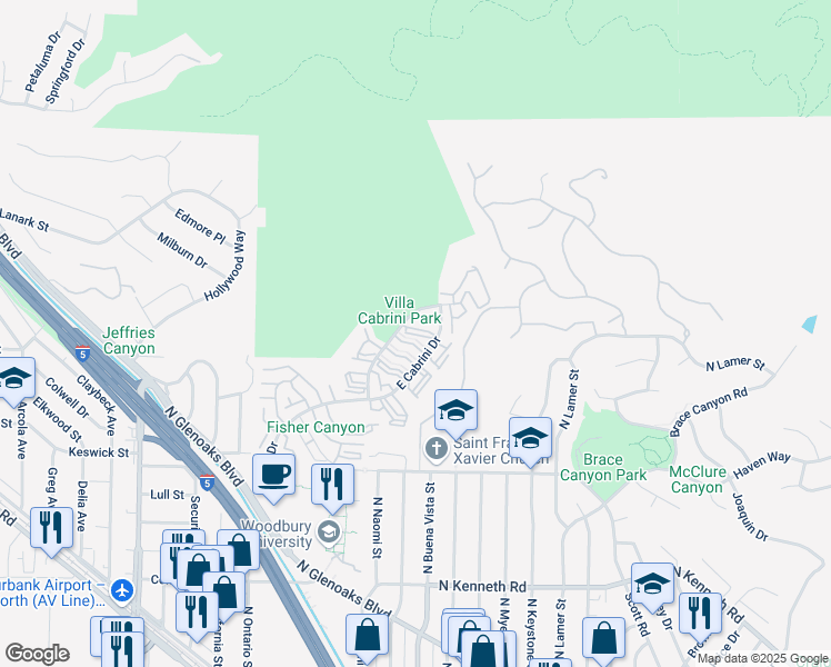 map of restaurants, bars, coffee shops, grocery stores, and more near 9418 Vía Yolanda in Burbank