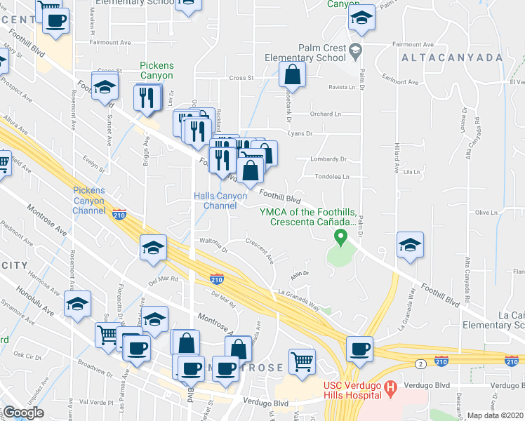 map of restaurants, bars, coffee shops, grocery stores, and more near 2145 La Canada Crest Drive in La Cañada Flintridge