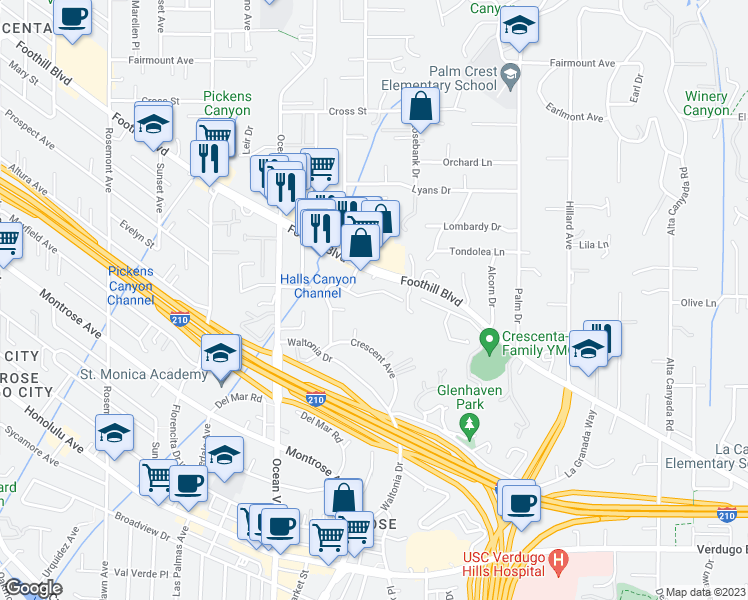 map of restaurants, bars, coffee shops, grocery stores, and more near 2145 La Canada Crest Drive in La Cañada Flintridge