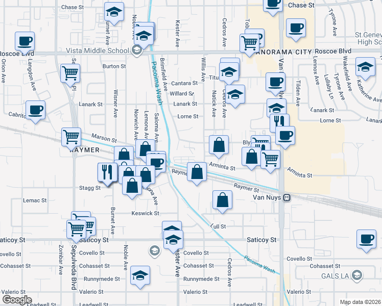 map of restaurants, bars, coffee shops, grocery stores, and more near 7846 Willis Avenue in Los Angeles