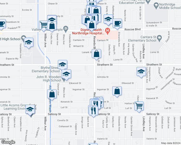 map of restaurants, bars, coffee shops, grocery stores, and more near 7942 Staten Drive in Los Angeles