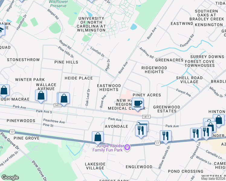 map of restaurants, bars, coffee shops, grocery stores, and more near 220 Rose Avenue in Wilmington