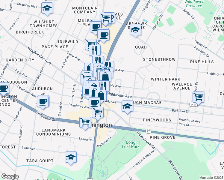 map of restaurants, bars, coffee shops, grocery stores, and more near 4701 Wrightsville Avenue in Wilmington