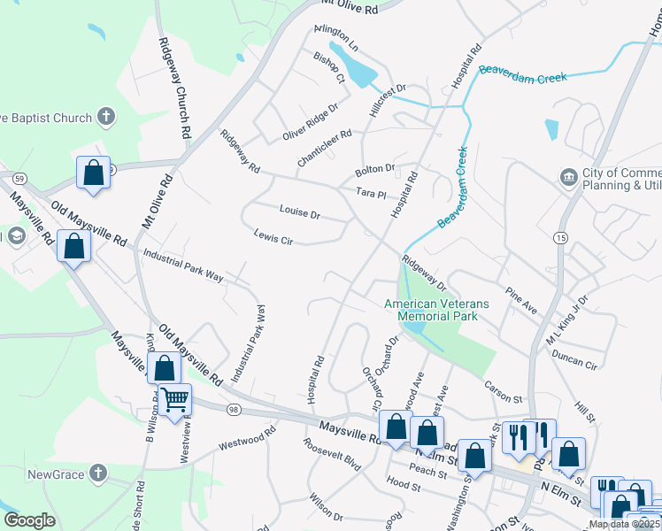 map of restaurants, bars, coffee shops, grocery stores, and more near 119 Lewis Circle in Commerce