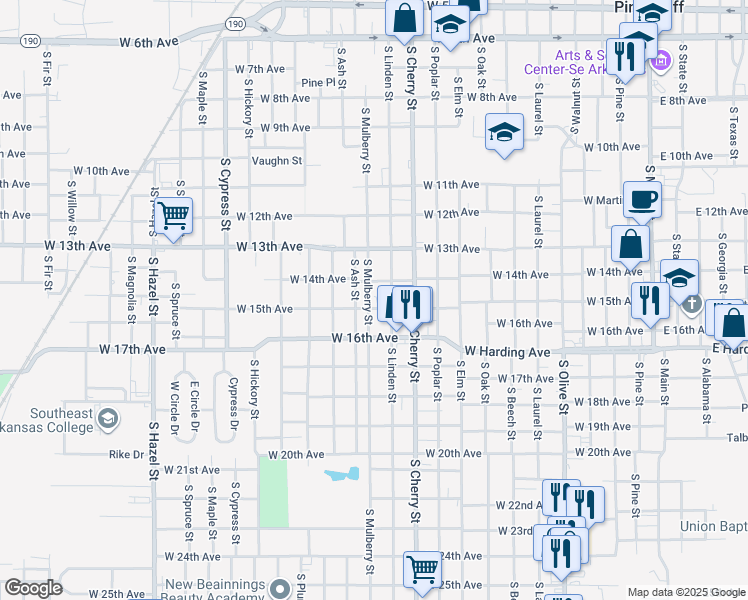 map of restaurants, bars, coffee shops, grocery stores, and more near 1419 South Linden Street in Pine Bluff