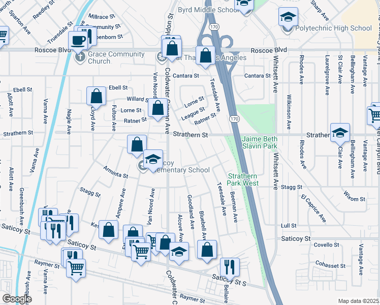 map of restaurants, bars, coffee shops, grocery stores, and more near 7923 Bellaire Avenue in Los Angeles