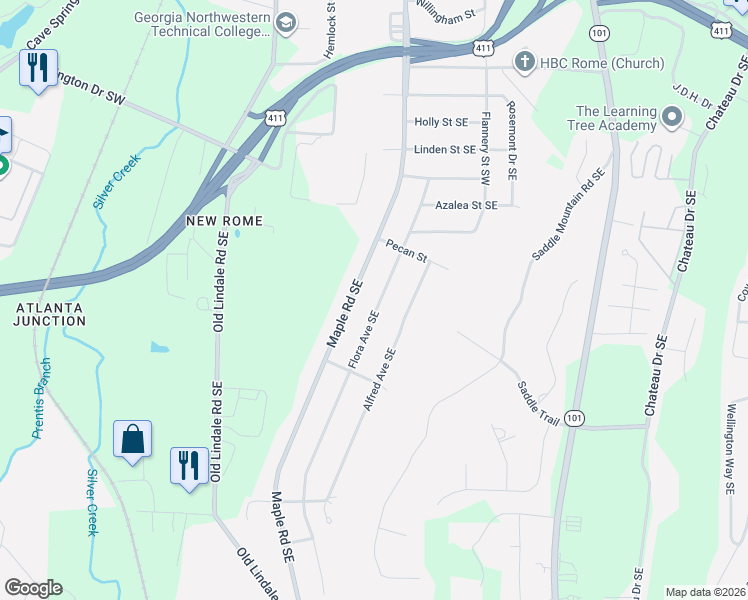 map of restaurants, bars, coffee shops, grocery stores, and more near 210 Flora Avenue Southeast in Rome