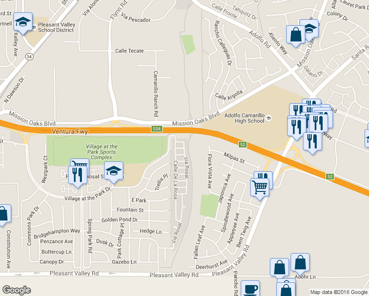 map of restaurants, bars, coffee shops, grocery stores, and more near 29 Via Paloma in Camarillo