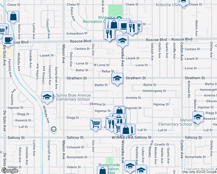 map of restaurants, bars, coffee shops, grocery stores, and more near 20208 Blythe Street in Los Angeles