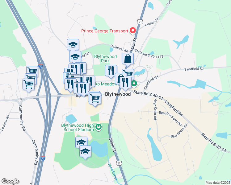 map of restaurants, bars, coffee shops, grocery stores, and more near 201 Main Street in Blythewood