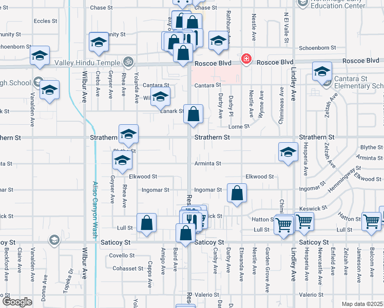 map of restaurants, bars, coffee shops, grocery stores, and more near 7940 Reseda Boulevard in Los Angeles