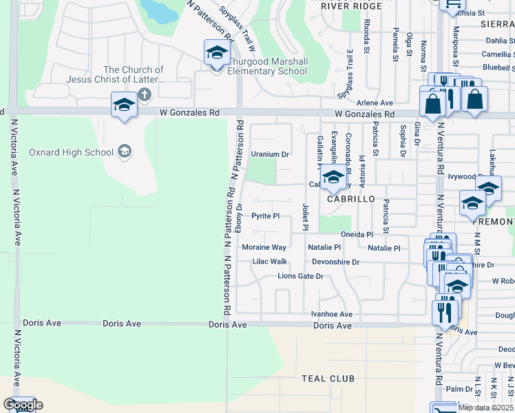 map of restaurants, bars, coffee shops, grocery stores, and more near 2700 Ruby Drive in Oxnard