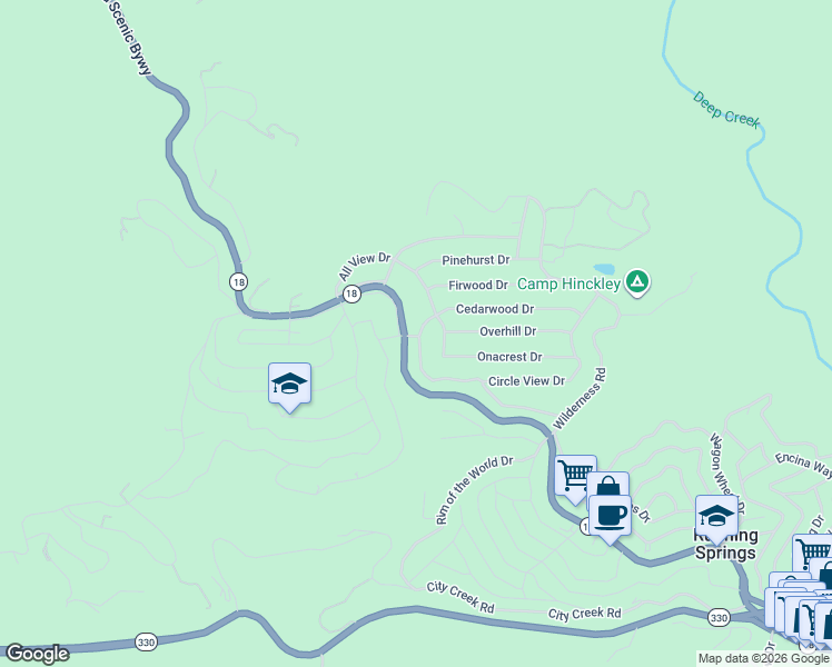 map of restaurants, bars, coffee shops, grocery stores, and more near Cedarwood Drive in Running Springs