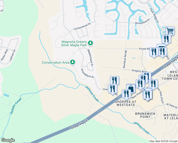 map of restaurants, bars, coffee shops, grocery stores, and more near 1021 Winterberry Circle in Leland