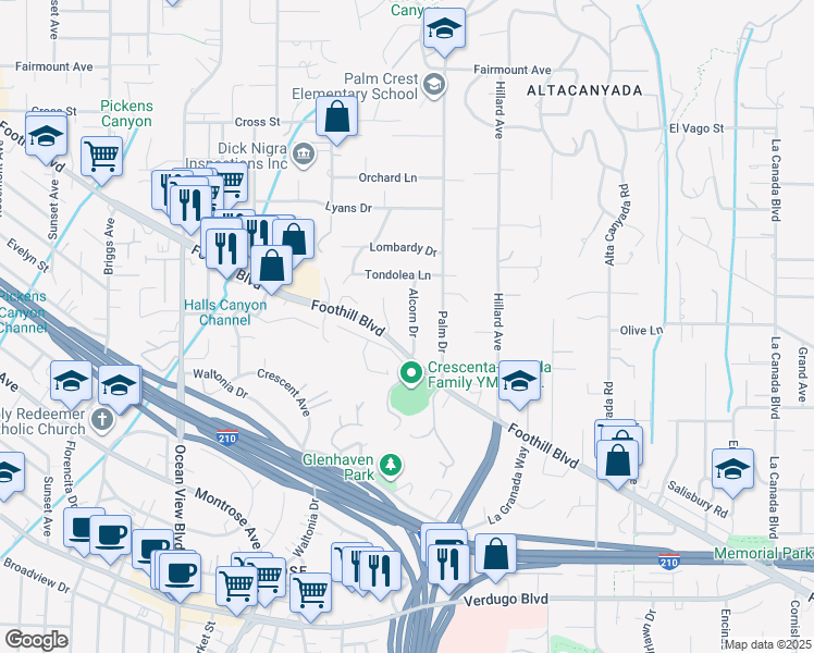 map of restaurants, bars, coffee shops, grocery stores, and more near 4531 Alcorn Drive in La Cañada Flintridge