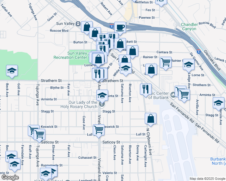 map of restaurants, bars, coffee shops, grocery stores, and more near 7919 Cleon Avenue in Los Angeles