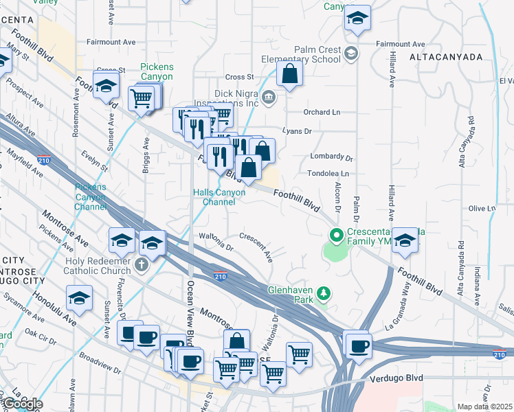 map of restaurants, bars, coffee shops, grocery stores, and more near 2142 La Canada Crest Drive in La Cañada Flintridge