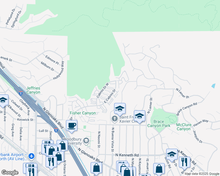 map of restaurants, bars, coffee shops, grocery stores, and more near 9419 Via Patricia in Burbank