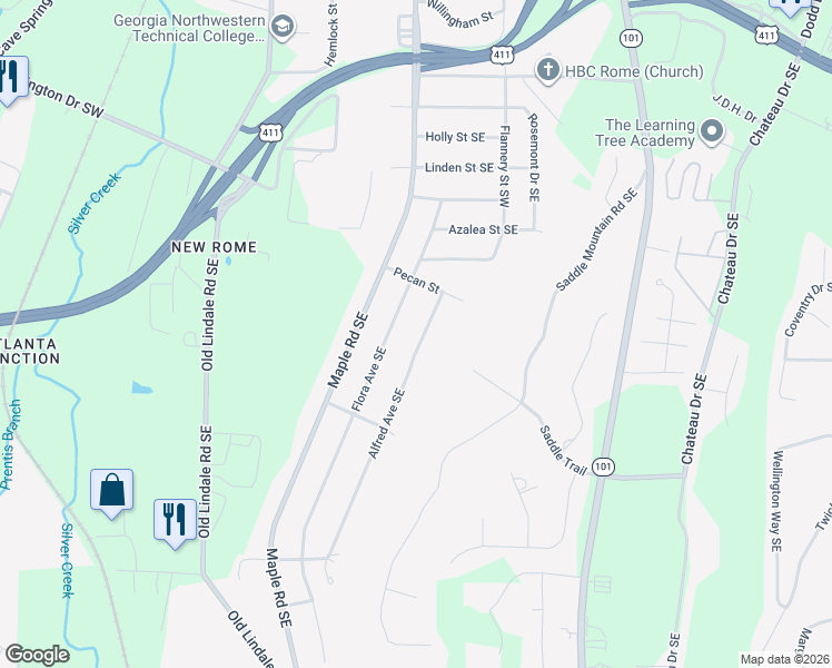 map of restaurants, bars, coffee shops, grocery stores, and more near 208 Alfred Avenue Southeast in Rome