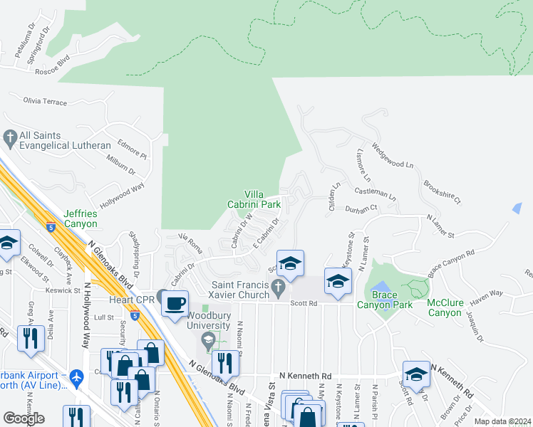 map of restaurants, bars, coffee shops, grocery stores, and more near 9419 Via Patricia in Burbank