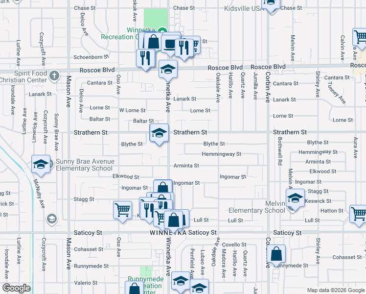 map of restaurants, bars, coffee shops, grocery stores, and more near 20051 Blythe Street in Los Angeles