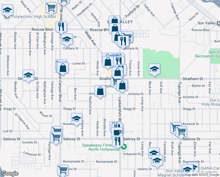 map of restaurants, bars, coffee shops, grocery stores, and more near 11742 Blythe Street in Los Angeles