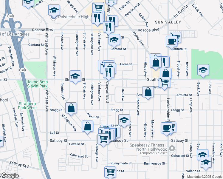 map of restaurants, bars, coffee shops, grocery stores, and more near 7923 Agnes Avenue in Los Angeles