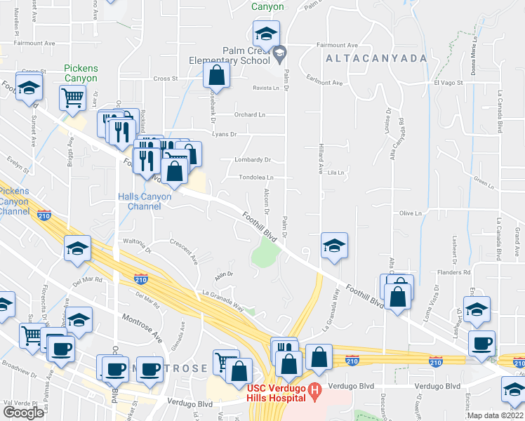 map of restaurants, bars, coffee shops, grocery stores, and more near 4531 Alcorn Drive in La Cañada Flintridge