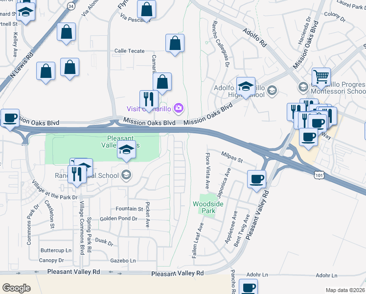 map of restaurants, bars, coffee shops, grocery stores, and more near 29 Via Paloma in Camarillo