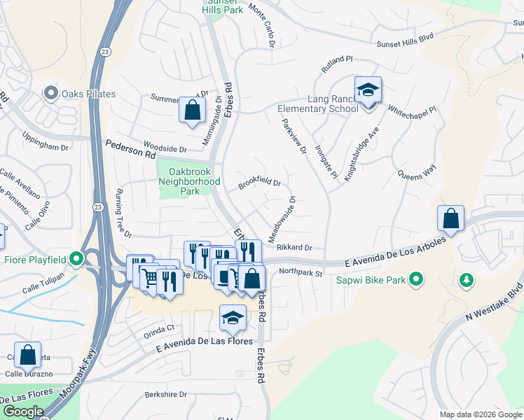 map of restaurants, bars, coffee shops, grocery stores, and more near 2594 Ridgebrook Place in Thousand Oaks