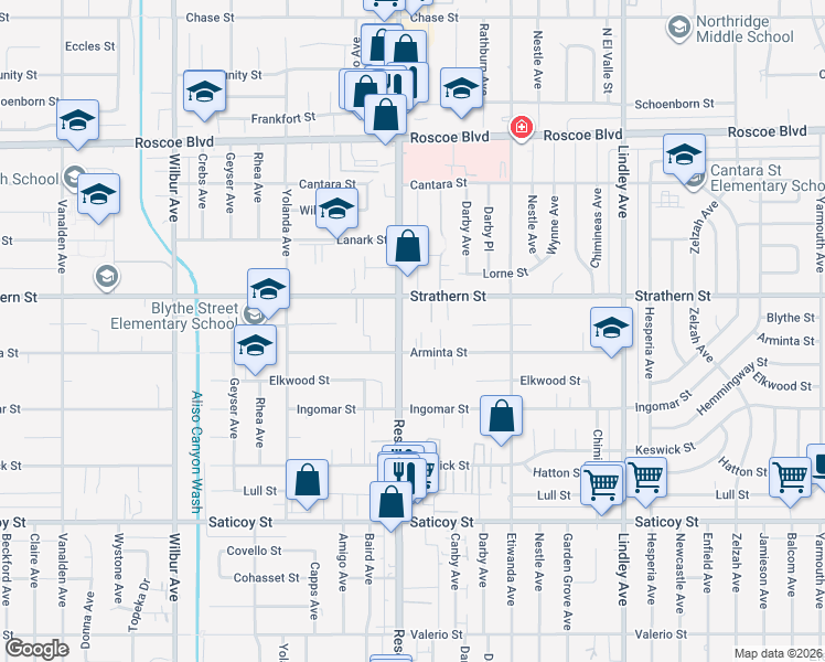 map of restaurants, bars, coffee shops, grocery stores, and more near 7918 Reseda Boulevard in Los Angeles