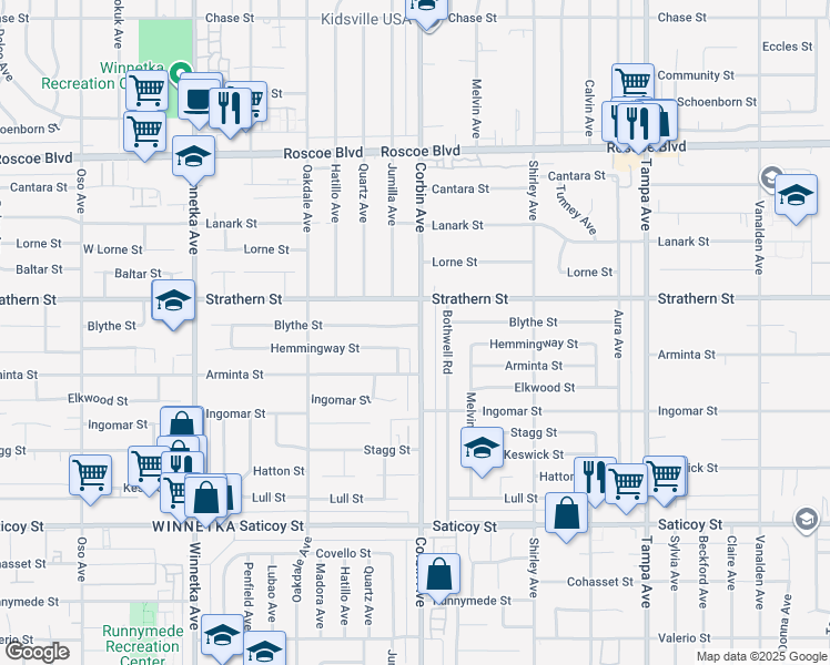 map of restaurants, bars, coffee shops, grocery stores, and more near 19700 Blythe Street in Los Angeles