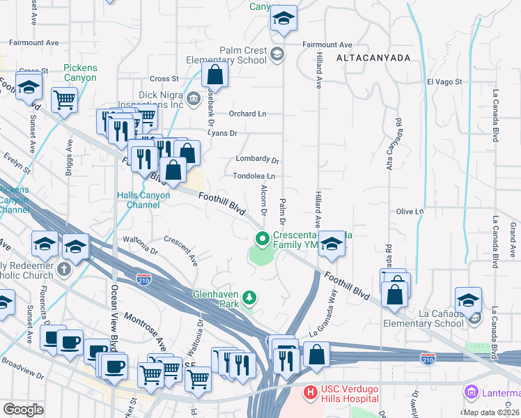 map of restaurants, bars, coffee shops, grocery stores, and more near 4531 Alcorn Drive in La Cañada Flintridge