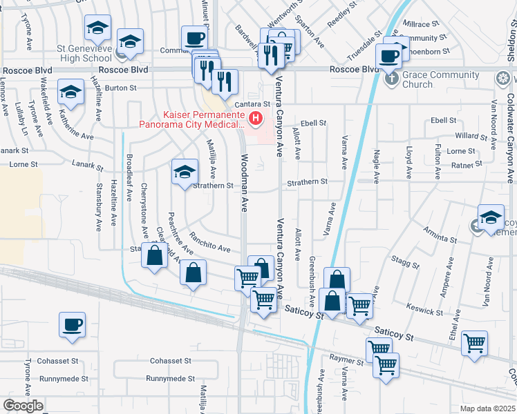 map of restaurants, bars, coffee shops, grocery stores, and more near 7924 Woodman Avenue in Los Angeles
