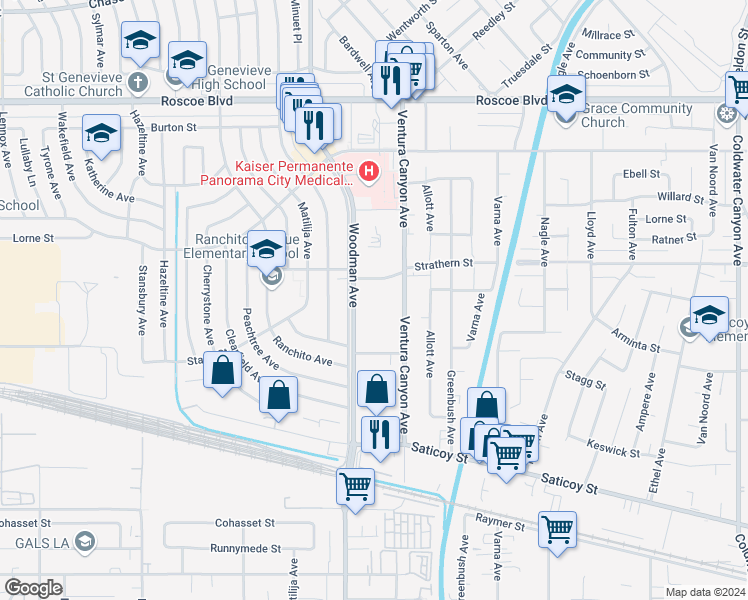 map of restaurants, bars, coffee shops, grocery stores, and more near 7924 Woodman Avenue in Los Angeles