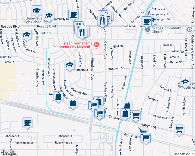 map of restaurants, bars, coffee shops, grocery stores, and more near 7924 Woodman Avenue in Los Angeles