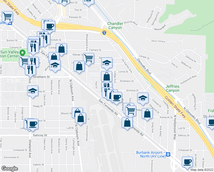 map of restaurants, bars, coffee shops, grocery stores, and more near 10443 Arminta Street in Los Angeles