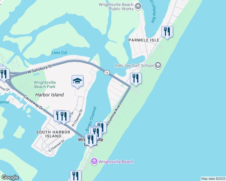 map of restaurants, bars, coffee shops, grocery stores, and more near 22 East Henderson Street in Wrightsville Beach