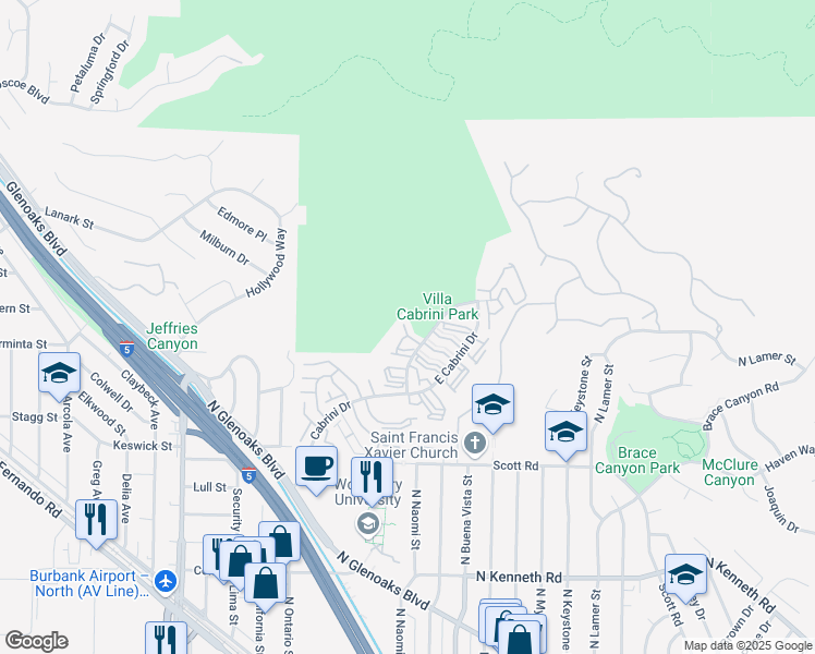 map of restaurants, bars, coffee shops, grocery stores, and more near 9549 Vía Venezia in Burbank
