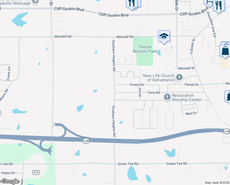 map of restaurants, bars, coffee shops, grocery stores, and more near 1198 Terry Road in Tupelo