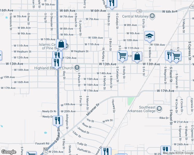 map of restaurants, bars, coffee shops, grocery stores, and more near 3302 West 14th Avenue in Pine Bluff