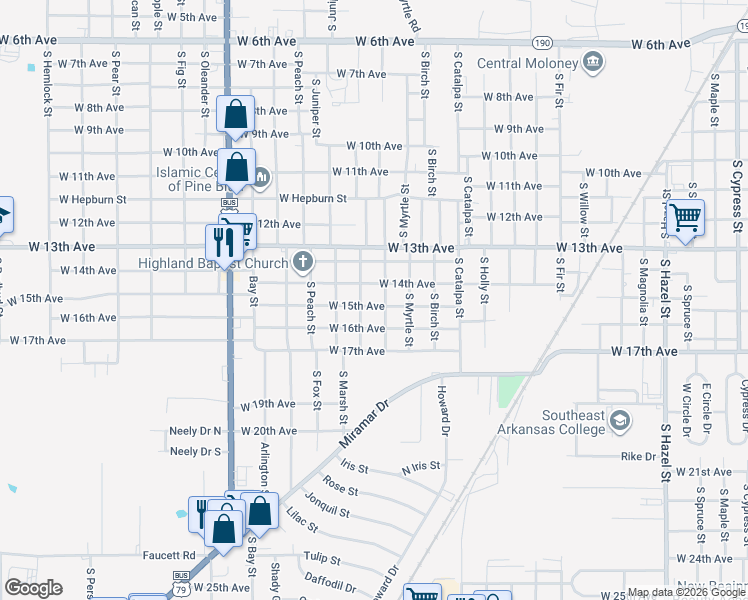 map of restaurants, bars, coffee shops, grocery stores, and more near 3302 West 14th Avenue in Pine Bluff