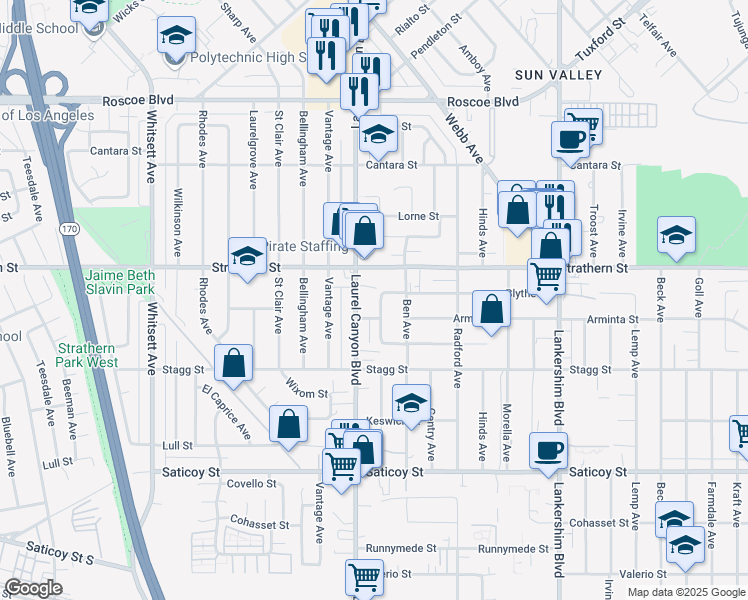 map of restaurants, bars, coffee shops, grocery stores, and more near 7923 Agnes Avenue in Los Angeles