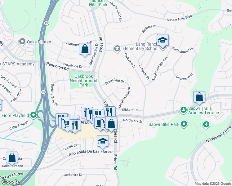 map of restaurants, bars, coffee shops, grocery stores, and more near 2136 Meadow Brook Court in Thousand Oaks