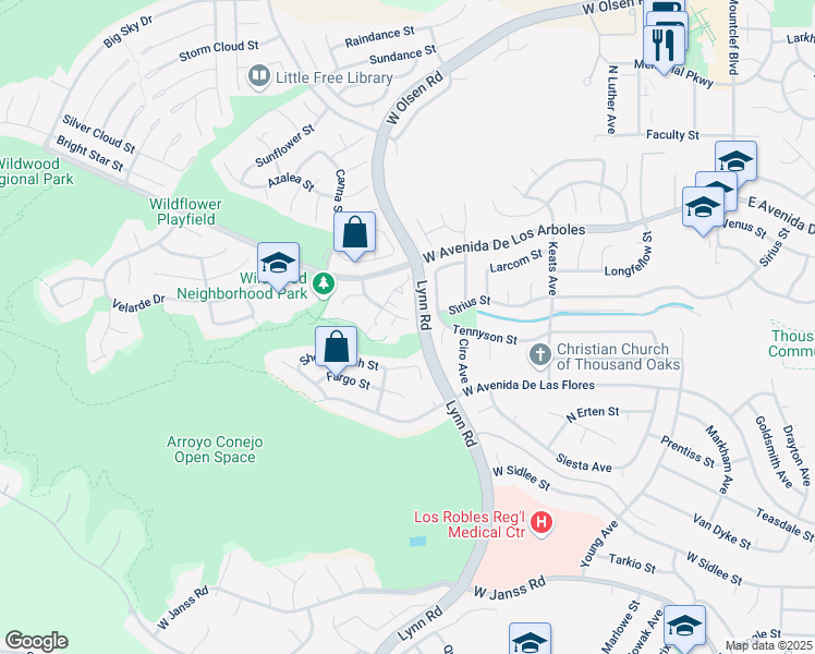 map of restaurants, bars, coffee shops, grocery stores, and more near 2589 La Paloma Circle in Thousand Oaks