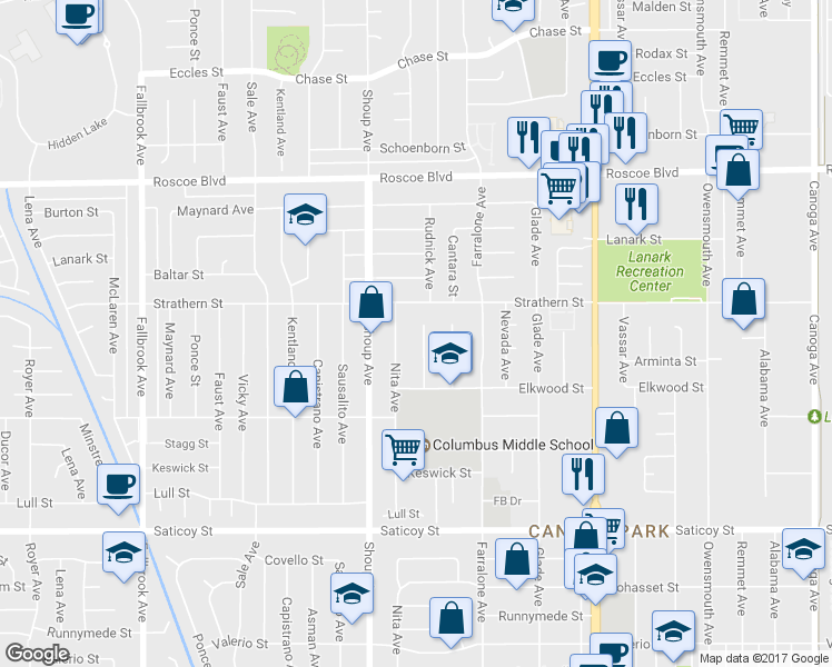 map of restaurants, bars, coffee shops, grocery stores, and more near 7931 Rudnick Avenue in Los Angeles