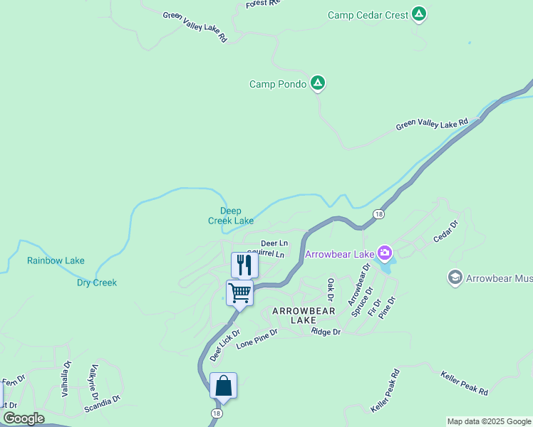 map of restaurants, bars, coffee shops, grocery stores, and more near 2 Deep Creek Drive in Running Springs