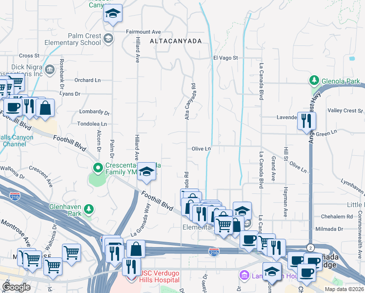 map of restaurants, bars, coffee shops, grocery stores, and more near 4805 Alta Canyada Road in La Cañada Flintridge