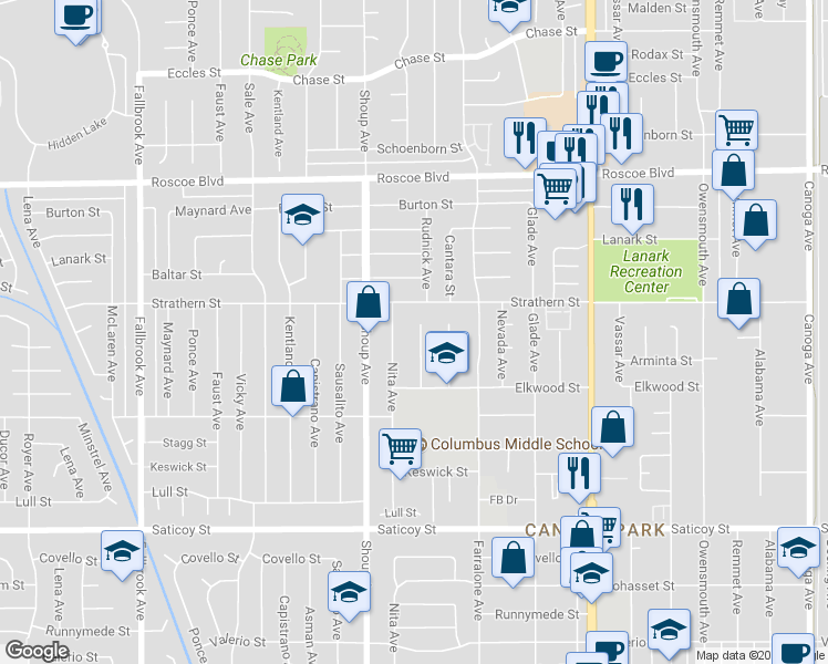 map of restaurants, bars, coffee shops, grocery stores, and more near 7931 Rudnick Avenue in Los Angeles