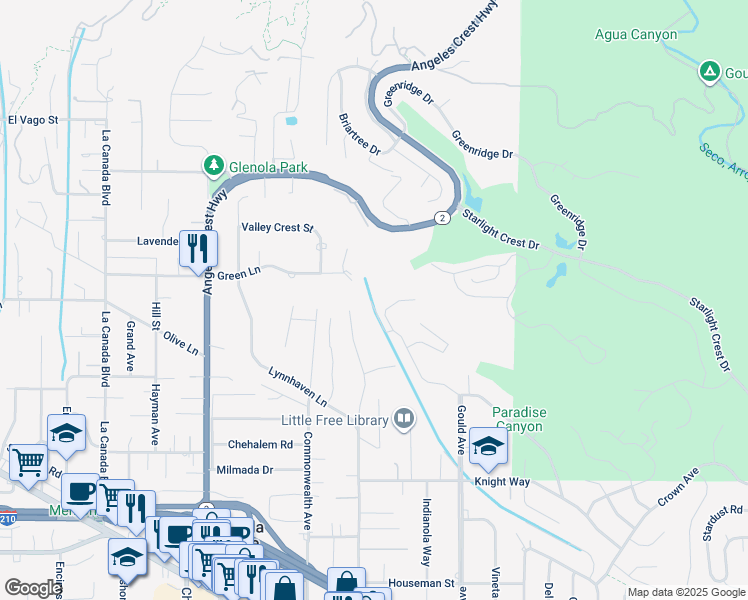 map of restaurants, bars, coffee shops, grocery stores, and more near 5271 Gould Avenue in La Cañada Flintridge